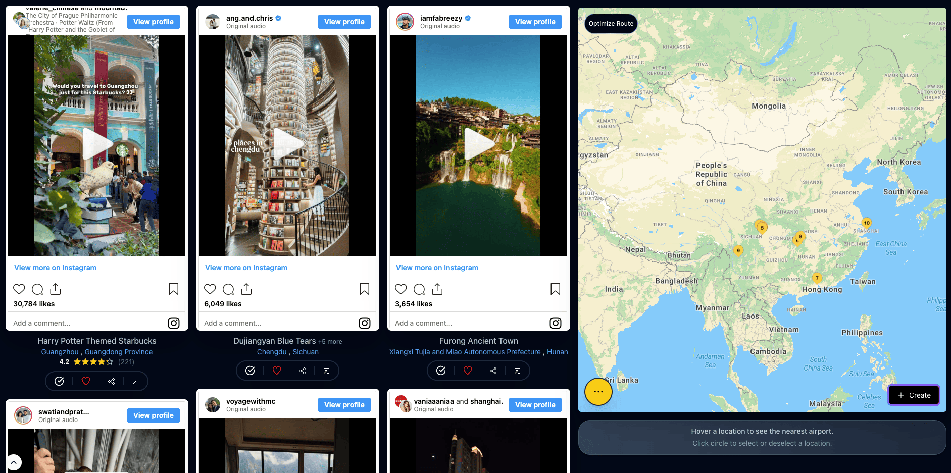 Watch Instagram travel reels, select the ones you like, and plan a trip with Map Your Voyage
