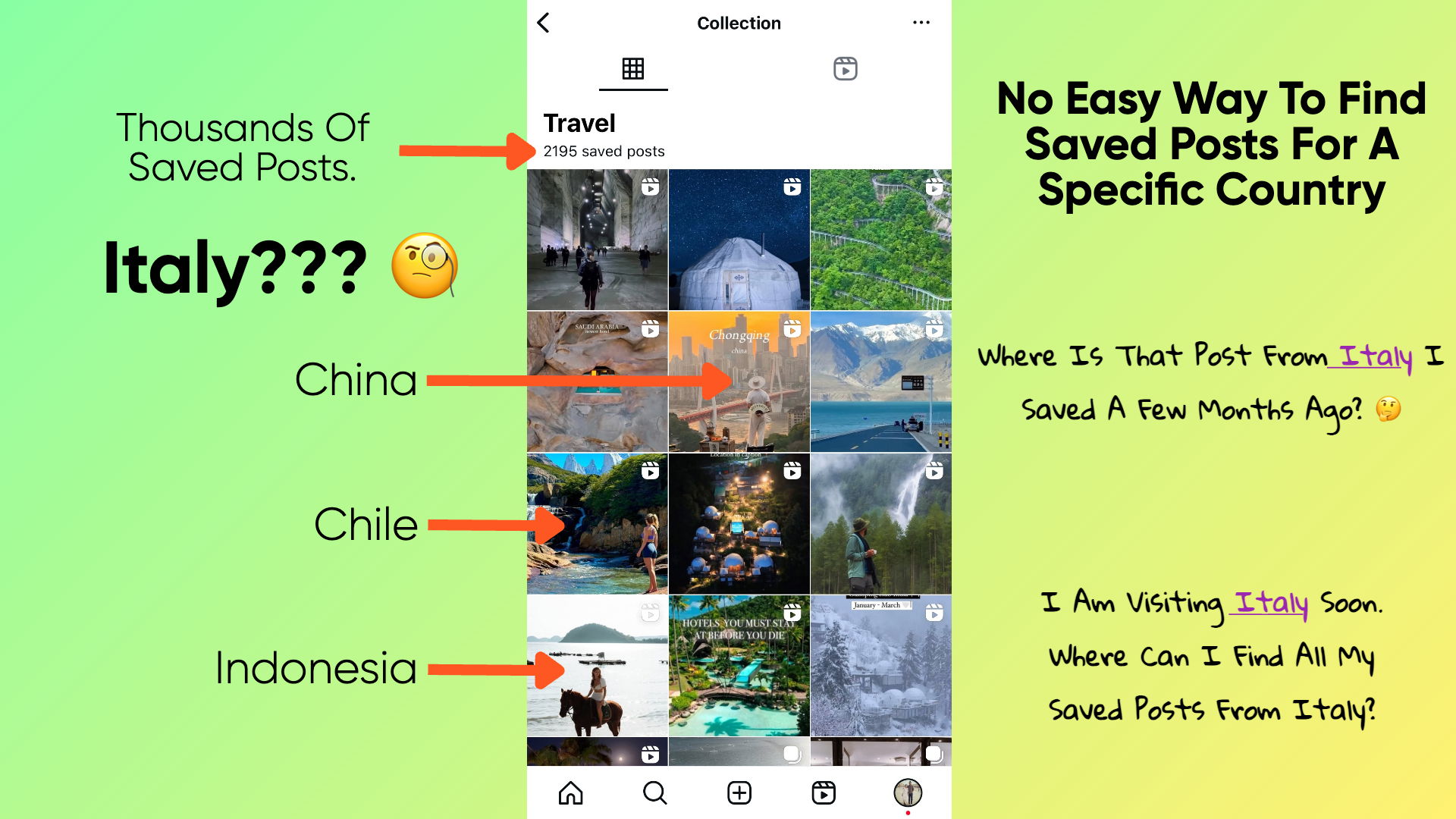 Instagram saved folder chaos compared to organized itinerary